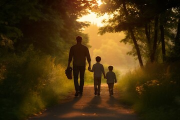 Fototapeta na wymiar Walking in the Sunlight: Man Strolling with His Children on a Path. Generative AI