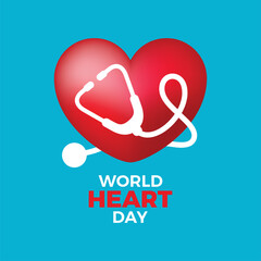 World Heart Day Poster with red heart shape and stethoscope vector illustration. Red shiny heart shape with stethoscope icon vector isolated on a blue background. September 29 every year