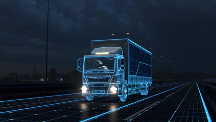 Technology Concept. Autonomic futuristic Euro semi truck with Cargo Trailer Drives at Night on Road with Sensors Scanning Surrounding. Special Effects of Self Driving Digitalizing Freeway - obrazy, fototapety, plakaty