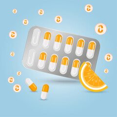 Blister of vitamin C and orange in vector illustration