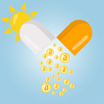 Opened capsule of vitamin D and sun in vector illustration