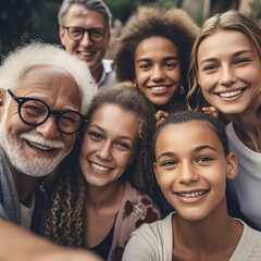 Fototapeta premium Big family, portrait and diversity selfie or smile with children, parents and grandparents bonding. Senior man, woman and girl kid group for support, security and time with love and care on holiday