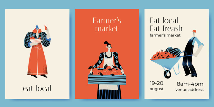 Farmers market invitation card set with funny characters in flat style. Man and women with fruits
