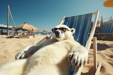 polar bear on the beach sitting on a deck chair and wearing sunglasses. Generative AI.
