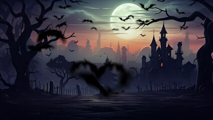 Halloween night with a spooky haunted house and a full moon in the dark sky. Illustration of a scary and mysterious scene.