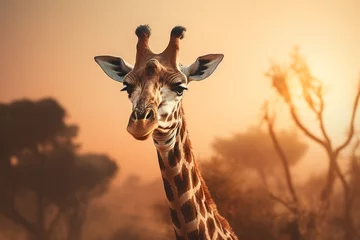 Poster giraffe in the savannah. Generative AI.  © Fahad