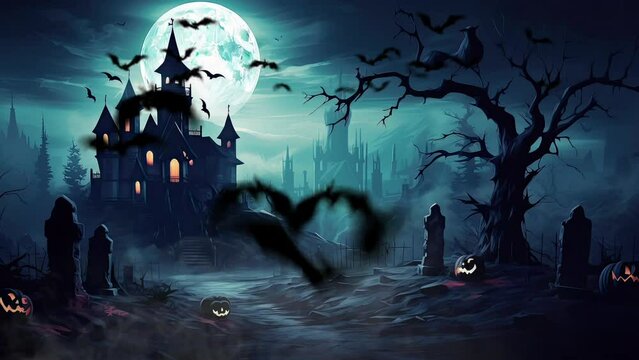 Scary Halloween castle under a full moon in the dark night. Illustration of a gothic and eerie landscape.