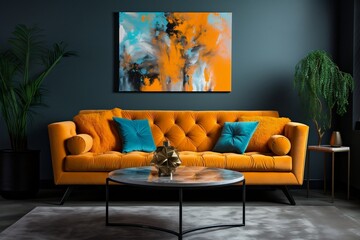 A cozy living room with a stylish couch and an eye-catching painting on the wall. Ai
