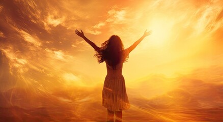 Fototapeta na wymiar Silhouette of happy young woman with hands up on sunset sky background