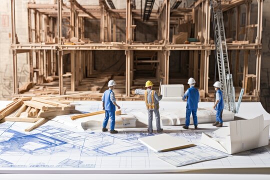 Architecture construction concept. Builders with blueprint at construction site