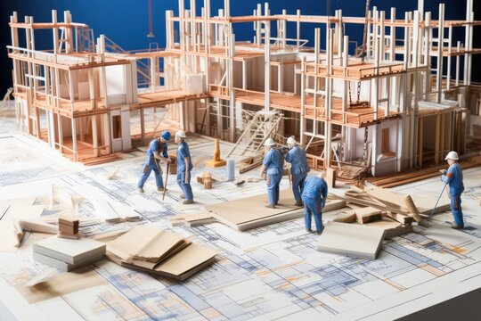3d model of construction site with blueprints and workers at work