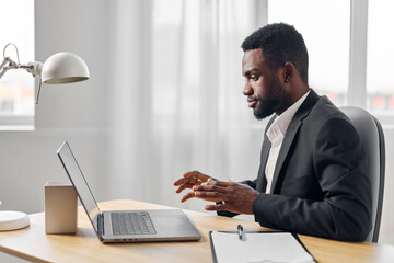 man employee laptop office computer education online american african freelancer job student