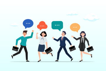 Business team coworker discussing work in meeting with speech bubbles, discussion, conversation or brainstorming for idea, meeting, debate or team communication, colleague chatting, opinion (Vector)