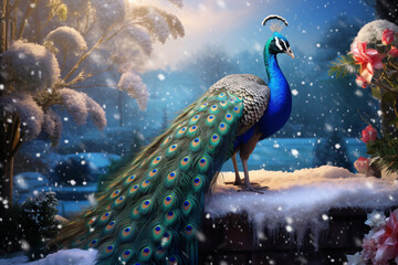 peacock in the snow. Generative AI. - Powered by Adobe