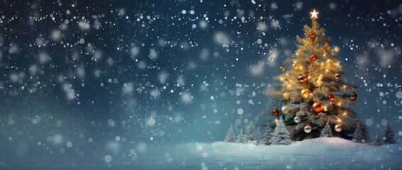 Christmas background with christmas tree, snow and falling snowflakes