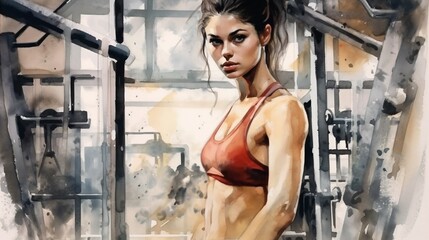 Fototapeta na wymiar Portrait of a young sports girl in the gym against the background of simulators, generated by AI