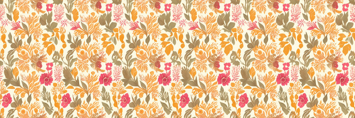 Horizontal banner floral seamless pattern with leaves in orange, green purple colors in pastel shades