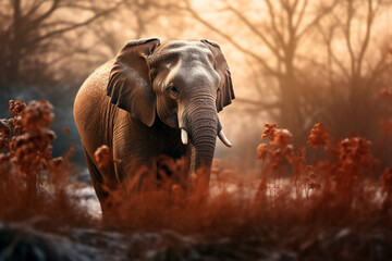 elephant in the forest in autumn. Generative AI. 