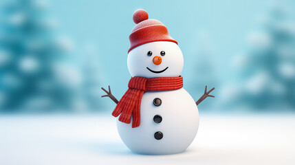 Snowman wearing hat and scarf animation 3D on a snow background. Christmas holiday concept. Digital illustration generative AI.