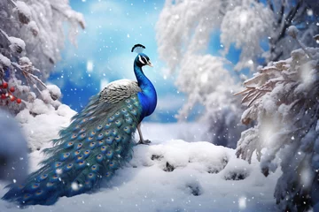 Fotobehang peacock in the snow. Generative AI. © Fahad