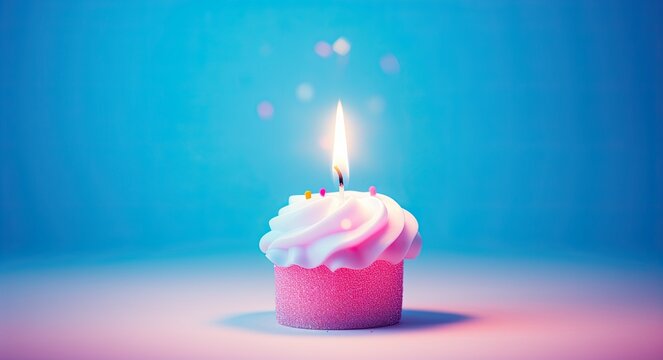 Birthday cupcake with burning candle on blue background. 3d illustration