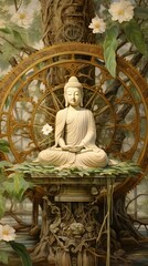 Obraz premium Buddha Statue beautiful background wallpaper design, Buddism, Buddist Asian, religion, Generative AI