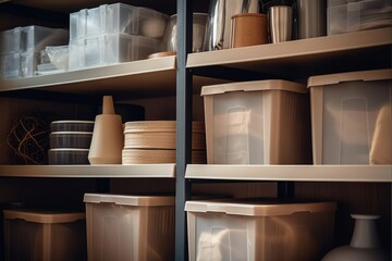 Close up of boxes and plastic containers on the shelves. Storage at home.