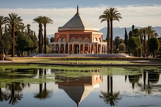 Majestic Marrakech Moroccan Pavilion, Menara Gardens and Atlas Mountains Generative AI