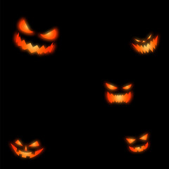 Happy Halloween banner . Halloween party invitation background with pumpkins white background. Pumpkins with shining eyes 