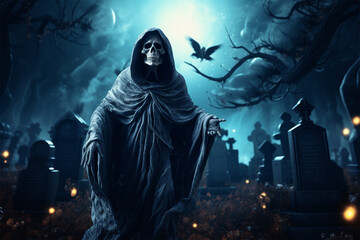 Fototapeta na wymiar scary ghost in cemetery landscape illustration