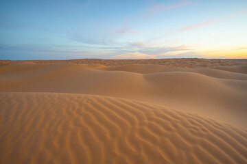 Spring sunset at the gates of the Sahara desert, with the sand dunes illuminated by the golden light, Tunisia