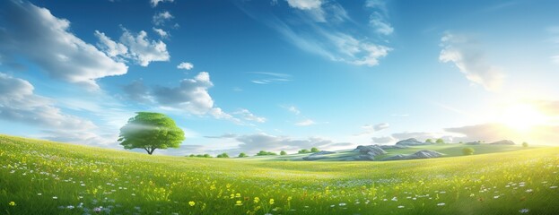 Fototapeta na wymiar Landscape panorama meadow with wildflowers on green hills with trees on horizon sunrise and blue sky background soft focus illustration banner format Generative AI