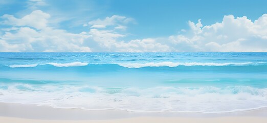 Obraz premium Sandy coastline and turquoise sea waves with sun glare against blue sky with clouds, panorama illustration advertising banner travel Generative AI