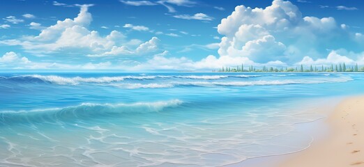 Beautiful beach sandy coastline and white turquoise sea waves against blue sky with cloudse, panorama illustration advertising banner landscape travel Generative AI