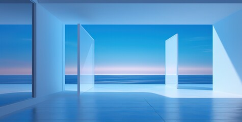 Open blue terrace with glass partitions and sun shadows with view water illustration futuristic advertising background empty space 3D Generative AI