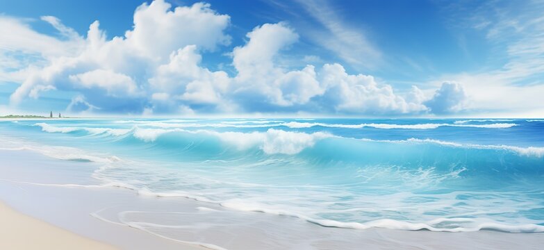 Sandy coastline and white turquoise sea waves against blue sky with clouds, panorama illustration advertising banner travel Generative AI