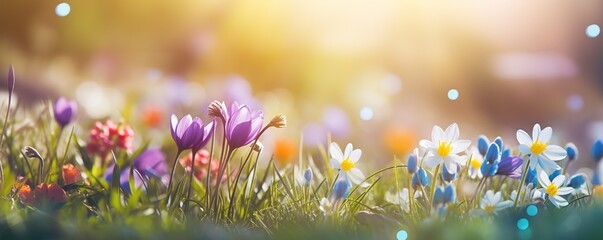 Multicolored flowers in meadow in grass with sunlight, spring summer panoramic view nature background photo soft focus illustration banner Generative AI