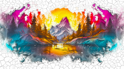 Beautiful landscape. Abstract impressionism. Smooth wavy segments, harmonious waves, vibrant pastel color. Render 3d mosaic painting