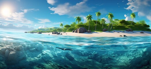 Transparent water of sea with stones at bottom and coastline with palm trees on sand against blue sky with cloudse, panorama illustration advertising banner travel photo Generative AI