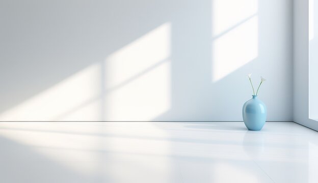 White empty room with sunlight through window and gentle blue vase minimalist abstract light background for product presentation interior design Generative AI