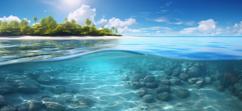 Seascape transparent water of sea with stones at bottom and palm trees on sand, sun against blue sky with cloudse, panorama illustration advertising banner travel photo Generative AI