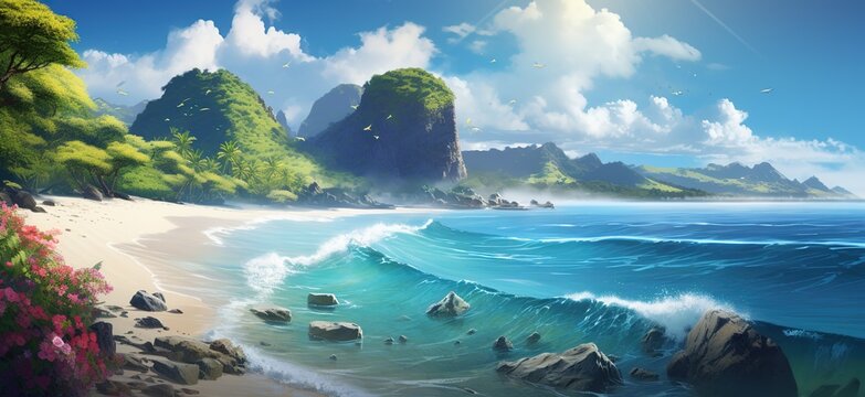 Sandy coastline with tropical trees green hills and turquoise sea foamy waves with against blue sky with cloudse, panorama illustration advertising banner travel Generative AI