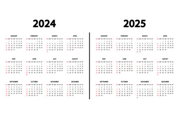 Calendar English 2024 and 2025 years. The week starts Sunday. Annual calendar 2024, 2025 template. Stationery vertical template in simple, minimal design. - obrazy, fototapety, plakaty