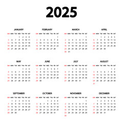Calendar 2025 year. The week starts Sunday. Annual calendar 2025 template. Stationery vertical template in simple, minimal design. Portrait orientation