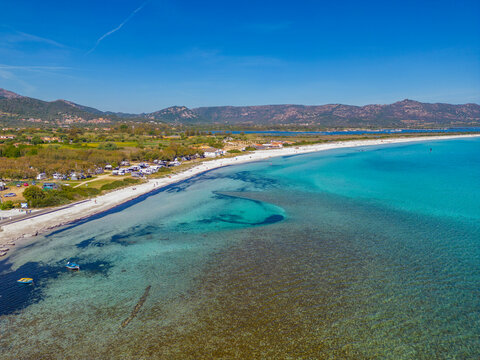 Aerial view of Cala d' Ambra Beach at San Teodoro, Olbia, Sardinia