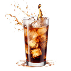 cold coffee in a clear glass, ice cubes, splashes of drips, on a white background, Genrative AI