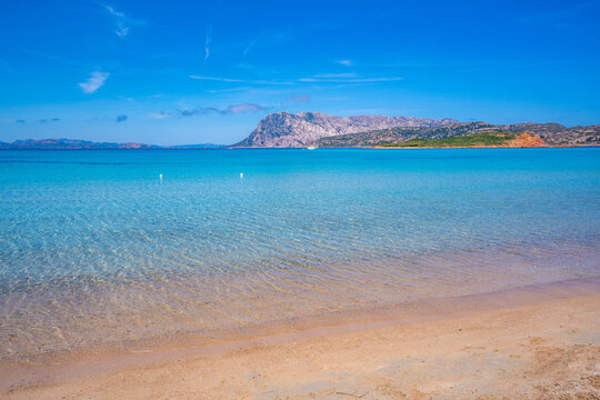 View of Capo Coda Cavallo beach and Isola di Tavolara in the background, Sardinia