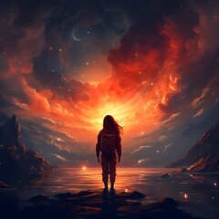 Girl standing on the edge of the world looking into the universe. Generated with ai.