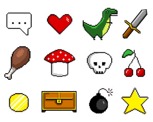 Pixel vector set icons for game, retro style. Dinosaur, cherry, star, coin, sword