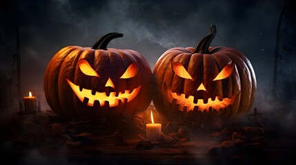 Halloween pumpkin jack o lantern in forest, generated with ai